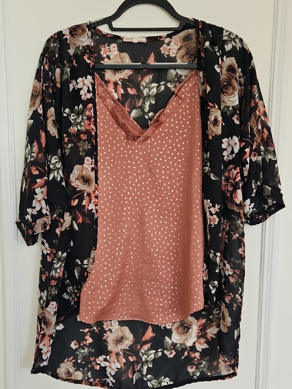 Floral Sheer Kimono with Rust Polka-Dot Cami - Women's Two-Piece Set